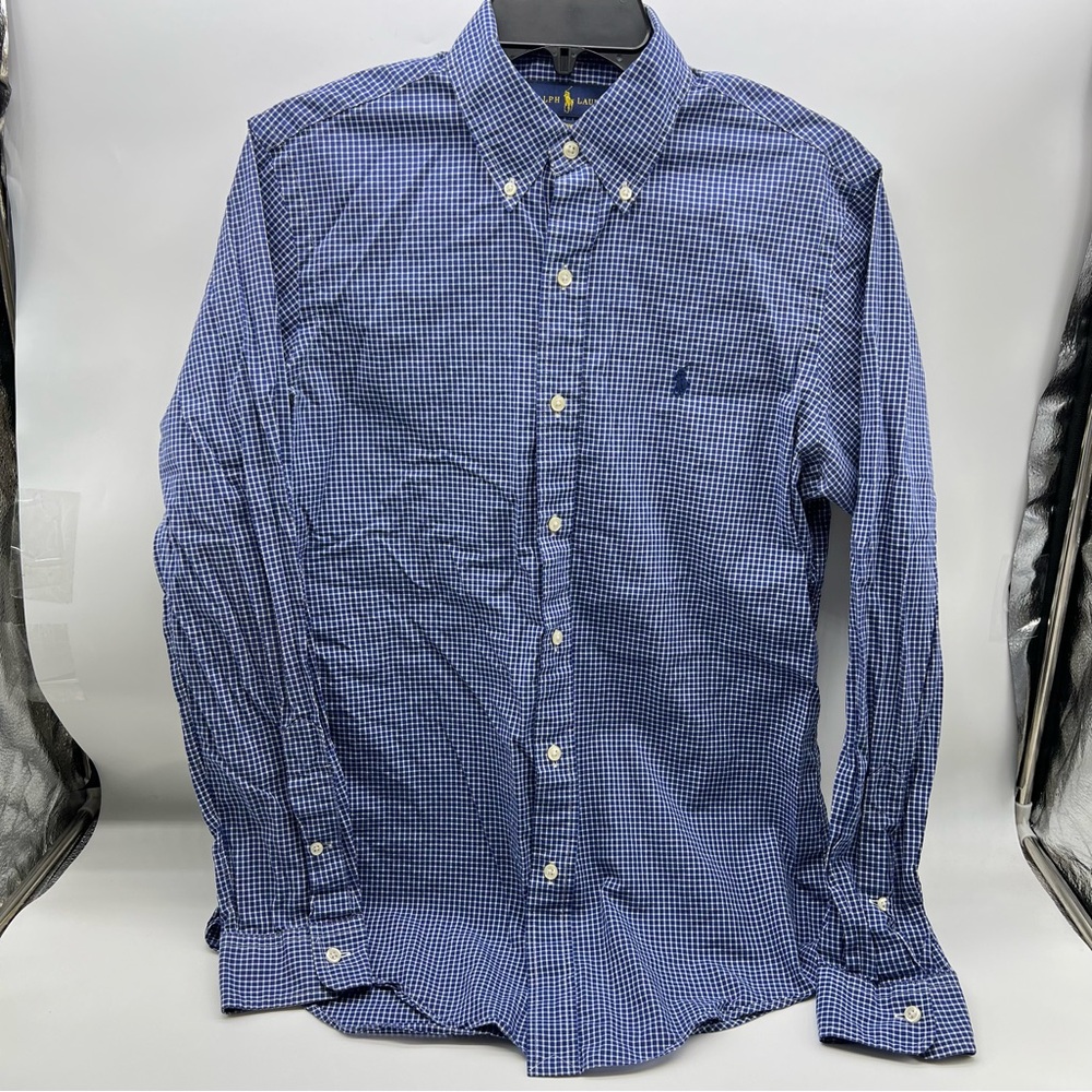 Ralph Lauren Men's Blue & White Checkered Custom Fit Button Down Shirt-Size S